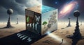 Surreal Cube: Evolution, Technology, and Cosmos in Desert Landscape Royalty Free Stock Photo
