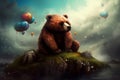 Surreal cute bear surrounded with flying balloons. Generate ai