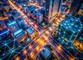 Surreal Cyberpunk Metropolis A Nighttime Aerial View of NeonLit Streets Futuristic Architecture and Dynamic Neural
