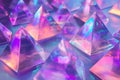A surreal 3D abstract background featuring an endless array of floating, iridescent pyramids