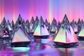 A surreal 3D abstract background featuring an endless array of floating, iridescent pyramids