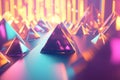 A surreal 3D abstract background featuring an endless array of floating, luminous pyramids