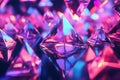 A surreal 3D abstract background featuring an endless array of floating, luminous pyramids