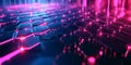 A surreal 3D abstract background featuring glowing hexagonal grids forming an infinite digital