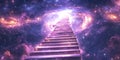 A surreal 3D background depicting an endless staircase floating within a vast cosmic void. The Royalty Free Stock Photo
