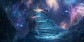 A surreal 3D background depicting an endless staircase floating within a vast cosmic void. The Royalty Free Stock Photo