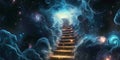 A surreal 3D background depicting an endless staircase floating within a vast cosmic void. The Royalty Free Stock Photo