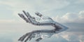 A surreal 3D background depicting a giant metallic hand emerging from a reflective liquid surface,