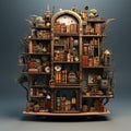 Surreal 3d Bookcase With Clocks: A Whimsical Blend Of Fairy Tales And Urban Life