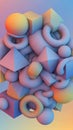 Surreal 3D Composition of Softly Colored Geometric and Organic Shapes Including Spheres Cubes Pyramids and Torus Forms Keywords: Royalty Free Stock Photo