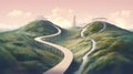 a surreal 2D illustration of a lost road in nature, with a mysterious building in the background. It symbolizes the uncertain and