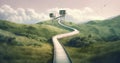 a surreal 2D illustration of a lost road in nature, with a mysterious building in the background. It symbolizes the uncertain and