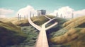 a surreal 2D illustration of a lost road in nature, with a mysterious building in the background. It symbolizes the uncertain and