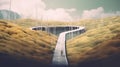 a surreal 2D illustration of a lost road in nature, with a mysterious building in the background. It symbolizes the uncertain and