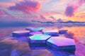 A surreal 3D landscape where hexagonal platforms hover above a liquid digital abyss. The reflective Royalty Free Stock Photo