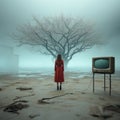 Surreal 3d Landscape: Woman, Tree, And Television In The Fog Royalty Free Stock Photo