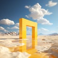 Surreal 3D Render: Desert Landscape with White Clouds Entering Yellow Square Portals on a Sunny Day