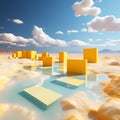 Surreal 3D Render: Desert Landscape with White Clouds Entering Yellow Square Portals on a Sunny Day