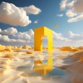 Surreal 3D Render: Desert Landscape with White Clouds Entering Yellow Square Portals on a Sunny Day Royalty Free Stock Photo