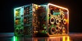 A Surreal 3D Render of an Excel File Mechanical Parts and a Reflective Surface Symbolize Data Complexity and
