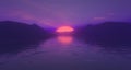 Surreal 3D Rendered Illustration Magenta Atmosphere Sunset over Mountains and Water