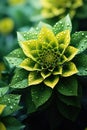 Surreal dark chrome green and yellow flower dahlia macro isolated on black