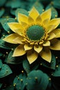 Surreal dark chrome green and yellow flower dahlia macro isolated on black