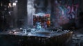 Mysterious floating cube abandoned urban setting dark fantasy illustration retro-futuristic vibes surreal perspective
