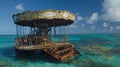 Surreal Decay Abandoned Carousel in Turquoise Waters A Hauntingly Beautiful Scene of Rust and Tranquility Under Clear Royalty Free Stock Photo