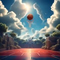 a surreal depiction of a basketball court floating in the sky surrounded by clouds trending on Royalty Free Stock Photo