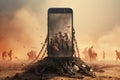 A surreal depiction of cell phone addiction, where humans are ensnared in a digital web, portraying the modern struggle