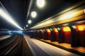 Surreal depiction of a dark subway tunnel with round ceiling lights and arched pillars in the waiting areas on the platform, made