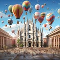 Surreal Depiction of Milan - Vibrant, Animated Landmarks, Whimsical Balloons, and Living Neighborhoods