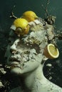 Surreal depiction of a person's head shattering with lemons symbolizing a lack of vitamins, avitaminosis. abstract