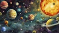 Surreal depiction of planets with visible orbits set against a vibrant nebula.