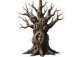 Surreal depiction of a tree with human faces integrated into its bark, branches, and trunk. The Royalty Free Stock Photo
