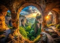 A Surreal Descent into an Ancient Cave Passageway A Dreamlike Exploration of Arched Openings and Intricate Details