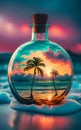 surreal desert island with palm trees in a bottle against the background of the setting sun Royalty Free Stock Photo