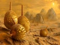 Surreal Desert Landscape with Large Durian Fruits Under Golden Sunlight Royalty Free Stock Photo