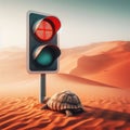 Tortoise meanders across desert and stops at the stop sign