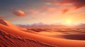 A surreal desert landscape with towering sand dunes and a fiery orange sunset