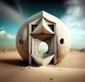 Surreal desert landscape with Unknown fantasy abstract alien construction. Abstract modern minimalist fashion art background with Royalty Free Stock Photo