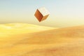 Surreal desert landscape with white bright cube floating over desert. 3d render