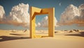 surreal desert landscape with white clouds entering yellow square portals on a sunny day Royalty Free Stock Photo