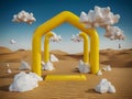 Surreal desert landscape with white clouds going into the yellow square portals on sunny day Royalty Free Stock Photo