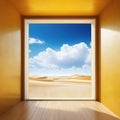 Surreal desert landscape with white clouds going into the yellow square portals on sunny Modern minimal abstract background Royalty Free Stock Photo