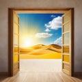 Surreal desert landscape with white clouds going into the yellow square portals on sunny Modern minimal abstract background Royalty Free Stock Photo