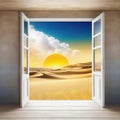 Surreal desert landscape with white clouds going into the yellow square portals on sunny Modern minimal abstract background Royalty Free Stock Photo