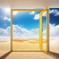 Surreal desert landscape with white clouds going into the yellow square portals on sunny Modern minimal abstract background Royalty Free Stock Photo