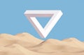 Surreal desert landscape with white flying Penrose triangle over sand dunes